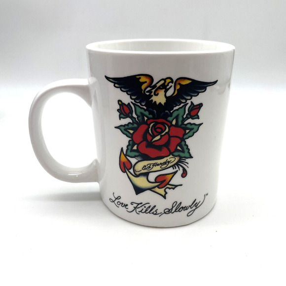 EUC 2008 Ed Hardy 'Love Kills Slowly' Skull & Crossbones Eagle Roses White Mug - Picture 1 of 9